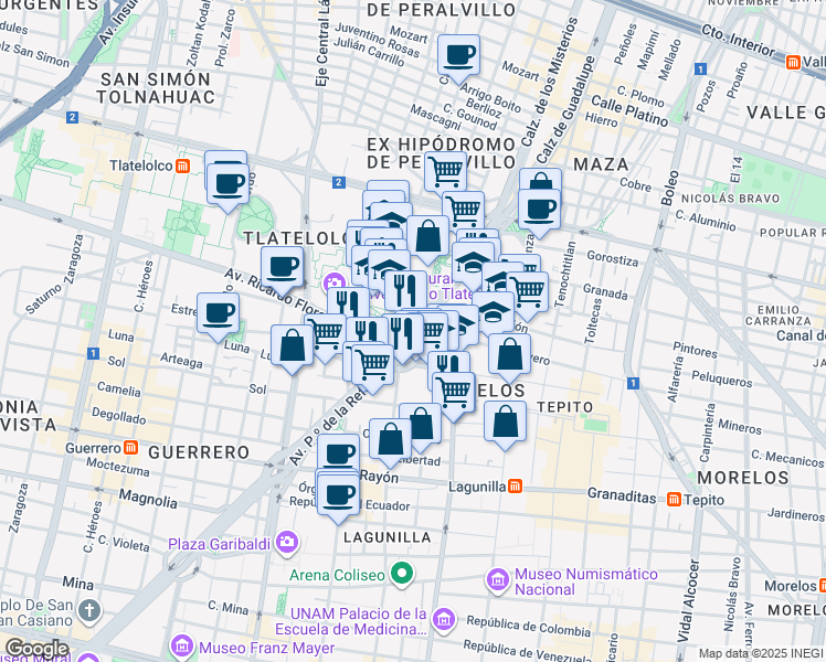map of restaurants, bars, coffee shops, grocery stores, and more near 483 Paseo de La Reforma Norte in Ciudad de México