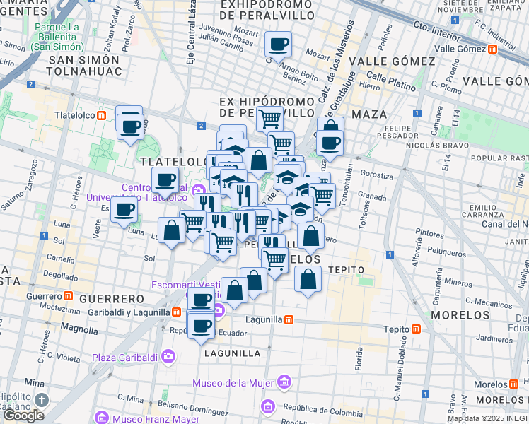 map of restaurants, bars, coffee shops, grocery stores, and more near 15 Avenida Paseo de la Reforma in Ciudad de México