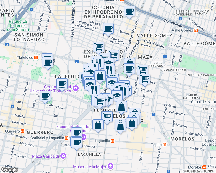 map of restaurants, bars, coffee shops, grocery stores, and more near Avenida Paseo de la Reforma in Ciudad de México
