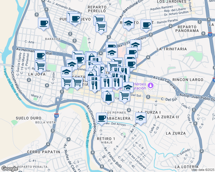 map of restaurants, bars, coffee shops, grocery stores, and more near Calle Beller in Santiago de los Caballeros