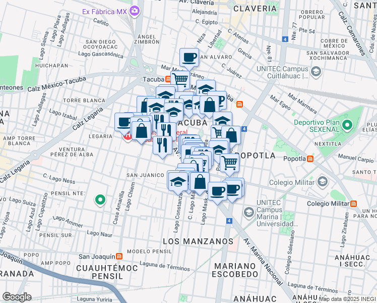 map of restaurants, bars, coffee shops, grocery stores, and more near 60 Avenida Marina Nacional in Ciudad de México
