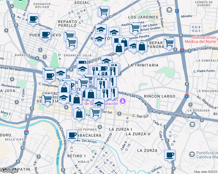 map of restaurants, bars, coffee shops, grocery stores, and more near Calle R. Cesar Tolentino in Santiago De Los Caballeros