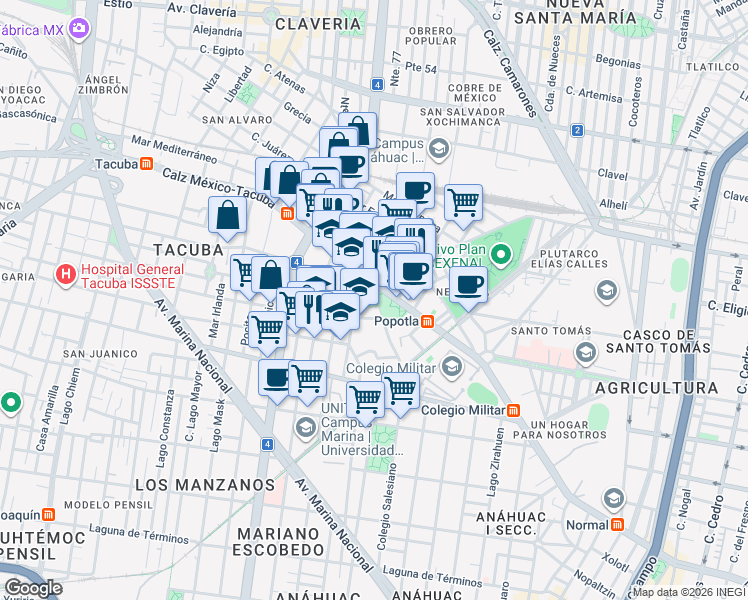 map of restaurants, bars, coffee shops, grocery stores, and more near Calle Cañitas in Ciudad de México