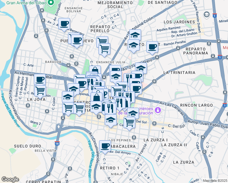 map of restaurants, bars, coffee shops, grocery stores, and more near Avenida Las Carreras in Santiago De Los Caballeros