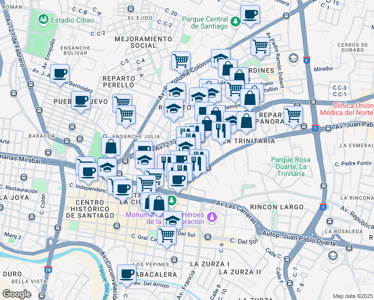 map of restaurants, bars, coffee shops, grocery stores, and more near Calle Hostos in Santiago De Los Caballeros