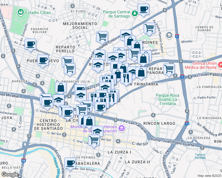 map of restaurants, bars, coffee shops, grocery stores, and more near Calle Mauricio Alvarez in Santiago De Los Caballeros