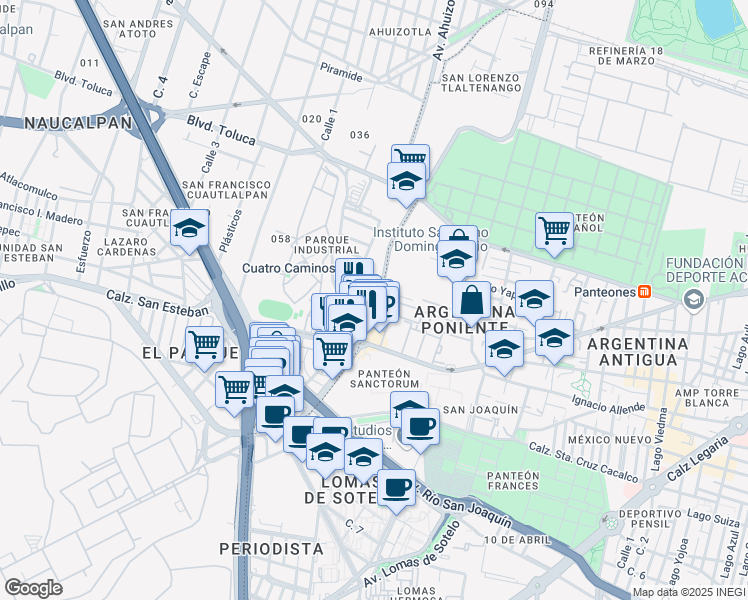 map of restaurants, bars, coffee shops, grocery stores, and more near 30 Avenida Ingenieros Militares in Naucalpan de Juárez