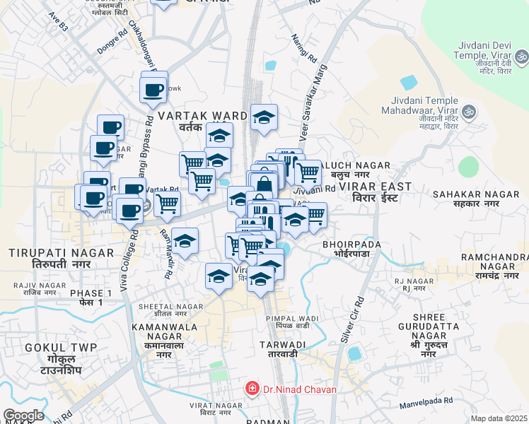 map of restaurants, bars, coffee shops, grocery stores, and more near in Virar