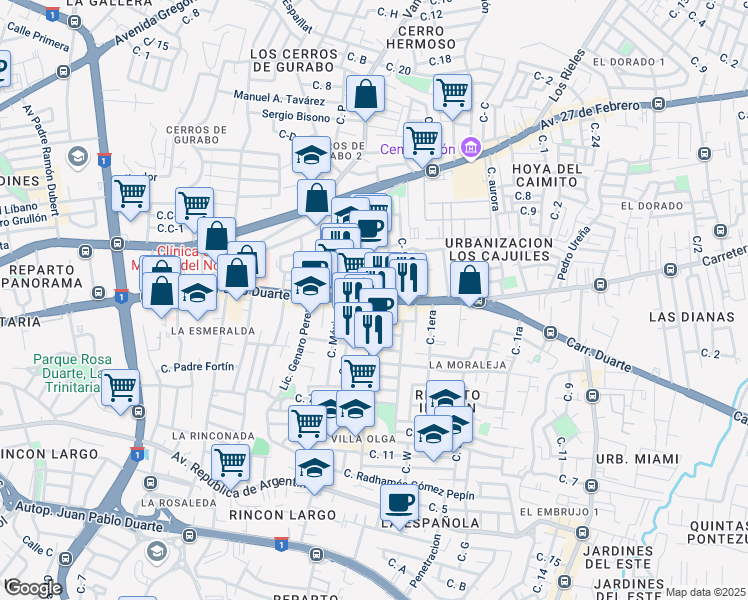 map of restaurants, bars, coffee shops, grocery stores, and more near Avenida Juan Pablo Duarte in Santiago De Los Caballeros