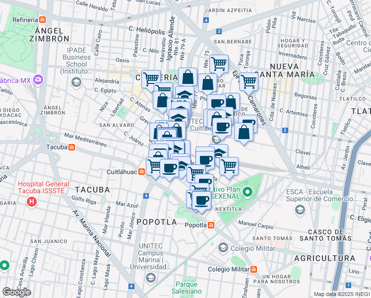 map of restaurants, bars, coffee shops, grocery stores, and more near 2309 Avenida Cuitláhuac in Ciudad de México