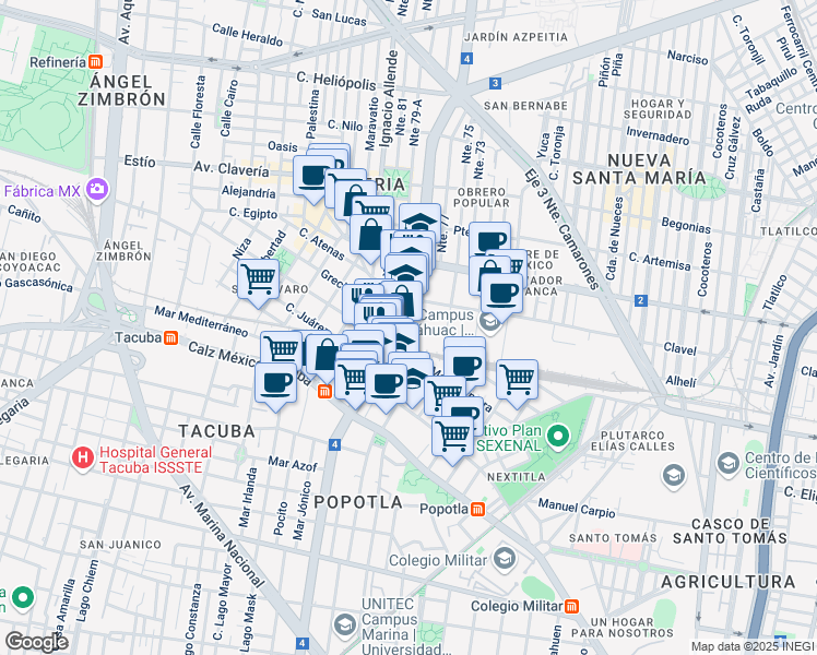 map of restaurants, bars, coffee shops, grocery stores, and more near 2309 Avenida Cuitláhuac in Ciudad de México