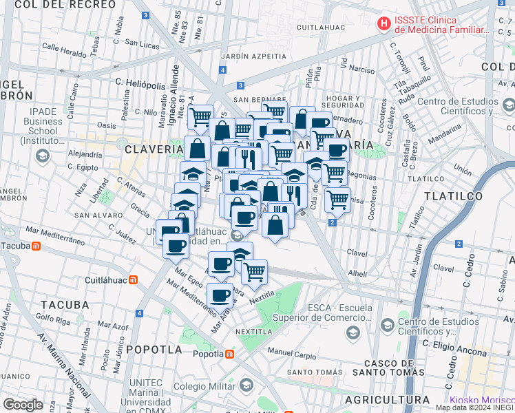 map of restaurants, bars, coffee shops, grocery stores, and more near 3409 Biólogo Maximino Martínez in Ciudad de México