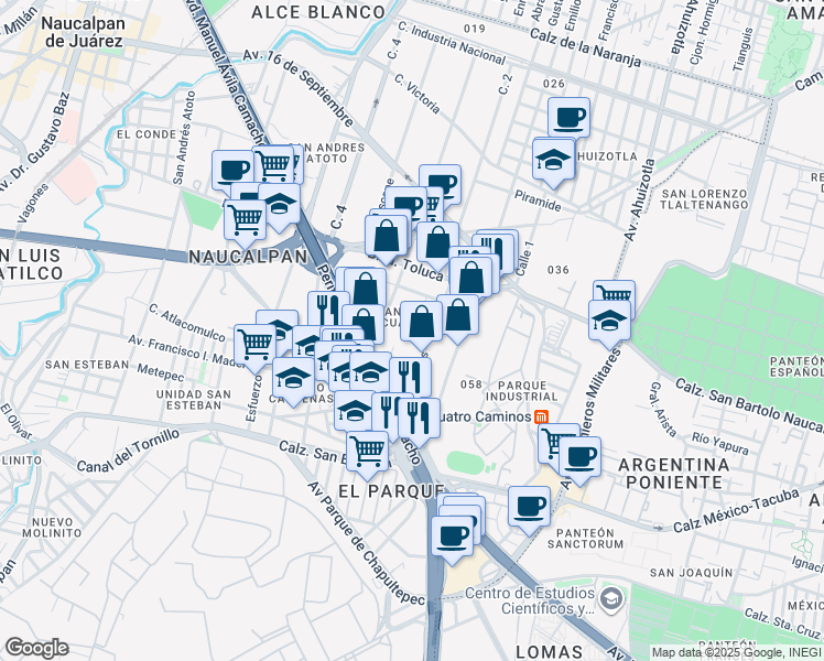 map of restaurants, bars, coffee shops, grocery stores, and more near in Naucalpan de Juárez