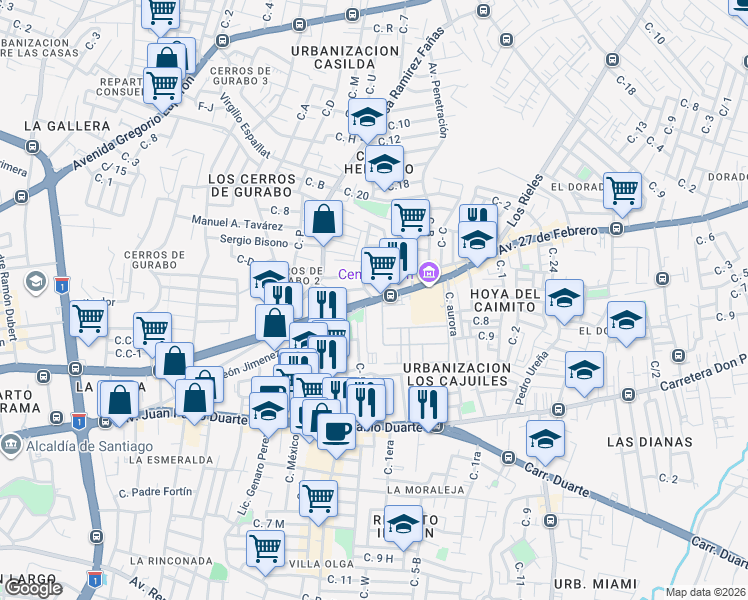 map of restaurants, bars, coffee shops, grocery stores, and more near Avenida 27 de Febrero in Santiago de los Caballeros