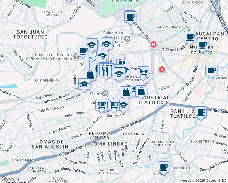 map of restaurants, bars, coffee shops, grocery stores, and more near 8 16 de Septiembre in Naucalpan de Juárez