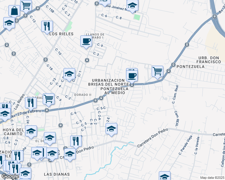 map of restaurants, bars, coffee shops, grocery stores, and more near Avenida 27 de Febrero in Santiago de los Caballeros