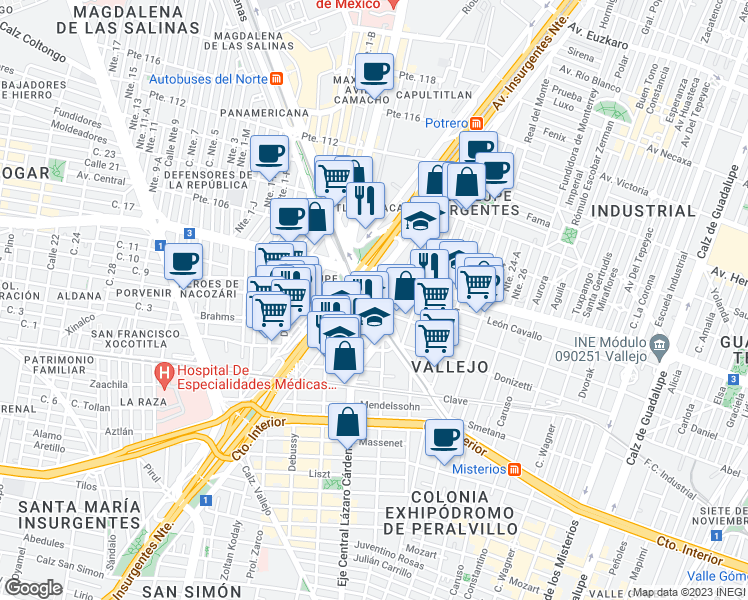 map of restaurants, bars, coffee shops, grocery stores, and more near Avenida Insurgentes Norte in Ciudad de México