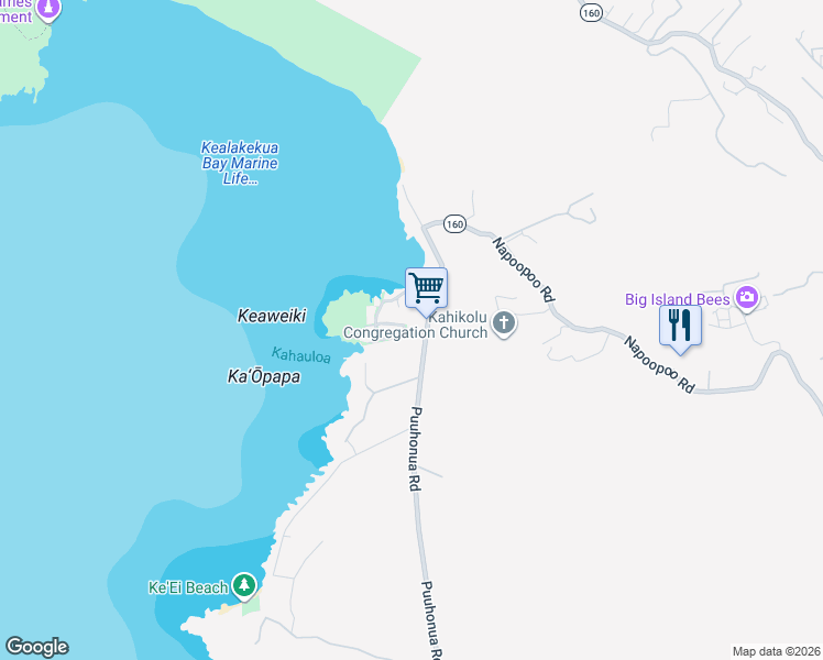 map of restaurants, bars, coffee shops, grocery stores, and more near 82-6271 Puuhonua Road in Captain Cook