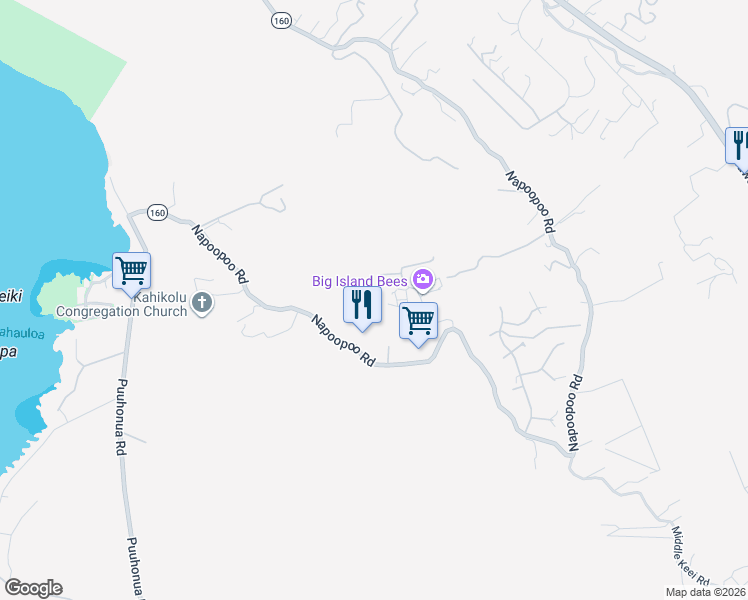 map of restaurants, bars, coffee shops, grocery stores, and more near 82-1171 Meli Road in Captain Cook