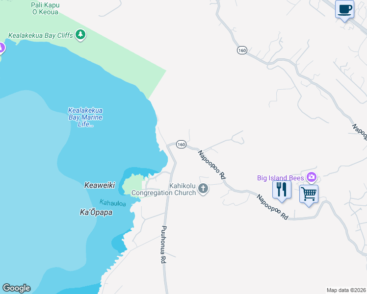 map of restaurants, bars, coffee shops, grocery stores, and more near 82-6016 Puuhonua Road in Captain Cook