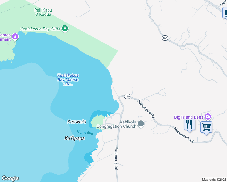 map of restaurants, bars, coffee shops, grocery stores, and more near 82-6049 Napoopoo Road in Captain Cook