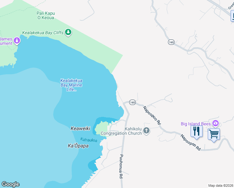 map of restaurants, bars, coffee shops, grocery stores, and more near 82-6049 Napoopoo Road in Captain Cook