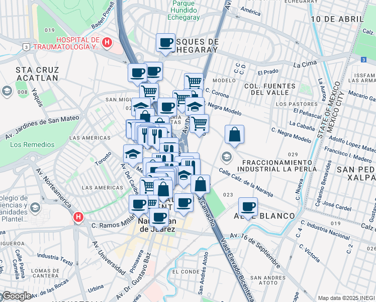 map of restaurants, bars, coffee shops, grocery stores, and more near in Naucalpan de Juárez