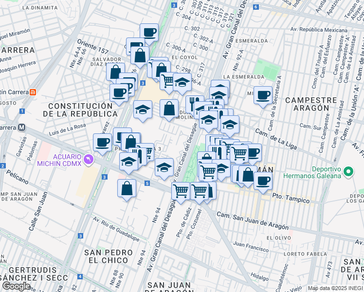 map of restaurants, bars, coffee shops, grocery stores, and more near 600 Cerrada San Juan de Aragón in Ciudad de México