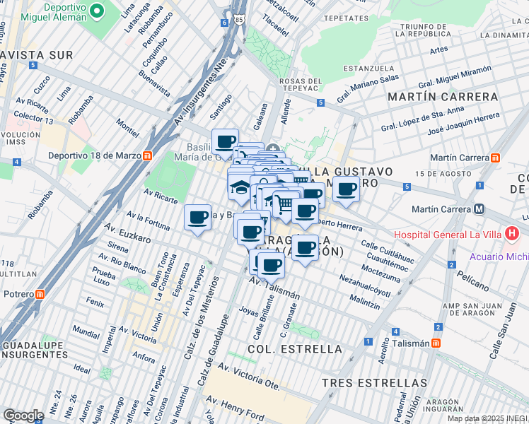 map of restaurants, bars, coffee shops, grocery stores, and more near 720 Calzada de Guadalupe in Mexico City