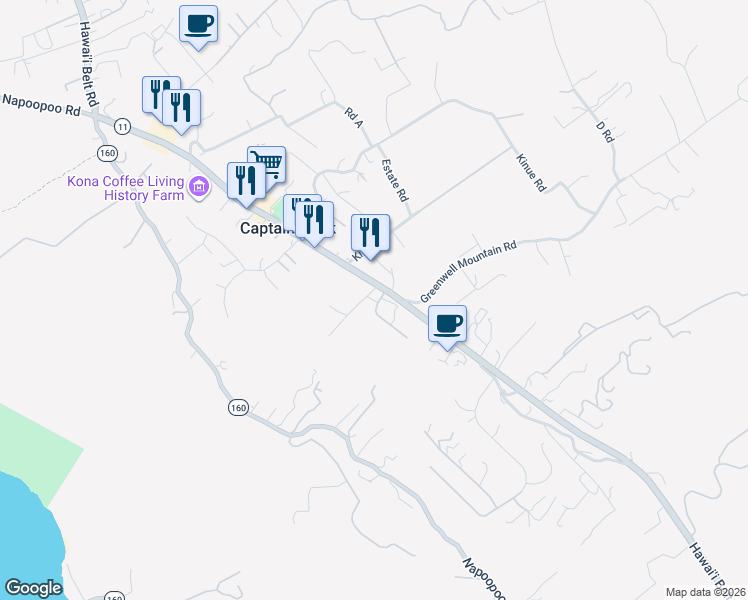 map of restaurants, bars, coffee shops, grocery stores, and more near 82-6085 Mamalahoa Highway in Captain Cook