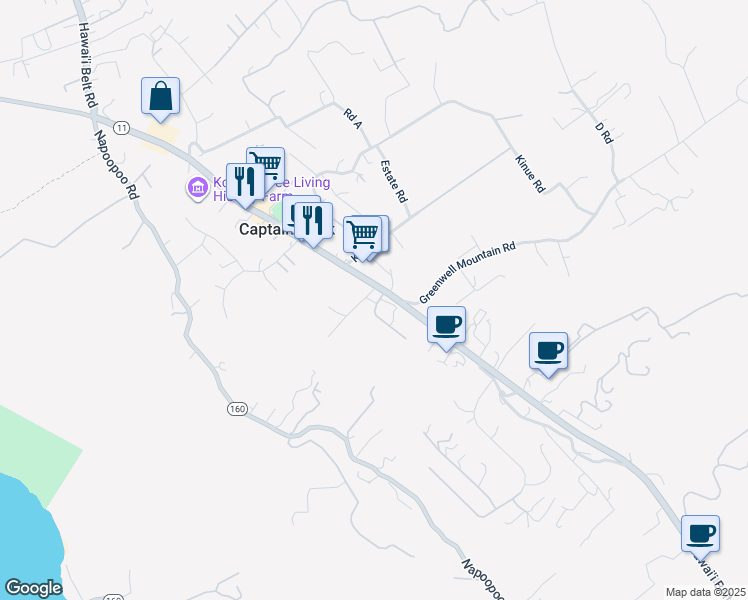 map of restaurants, bars, coffee shops, grocery stores, and more near 82-6085 Mamalahoa Highway in Captain Cook
