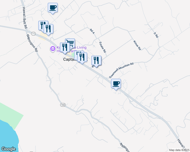 map of restaurants, bars, coffee shops, grocery stores, and more near 82-6085 Mamalahoa Highway in Captain Cook