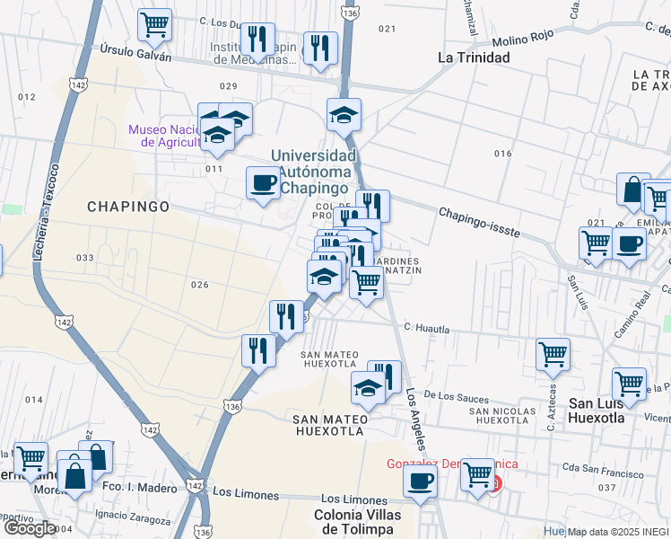 map of restaurants, bars, coffee shops, grocery stores, and more near 5 Carretera Federal México-Texcoco in Texcoco