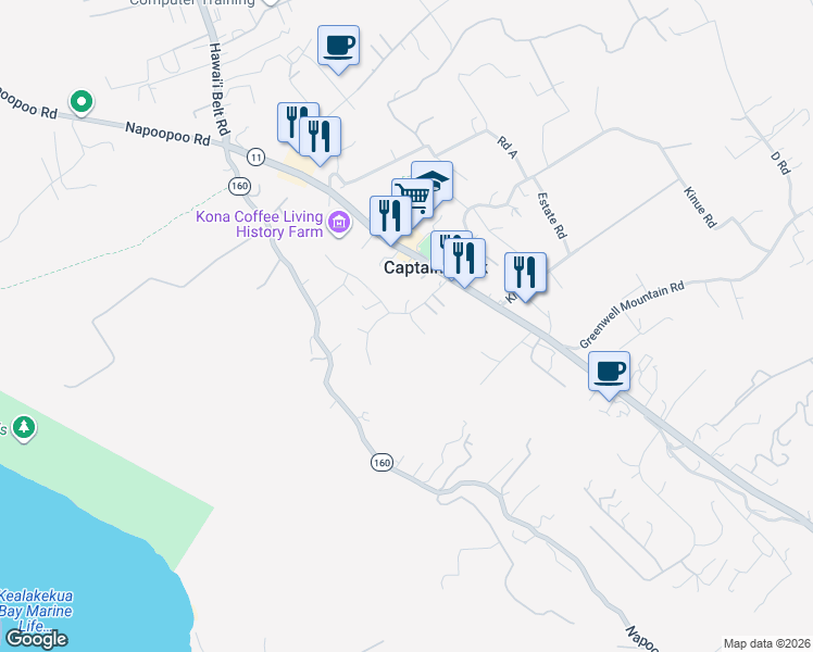 map of restaurants, bars, coffee shops, grocery stores, and more near 82-6118 Kiritina Place in Captain Cook