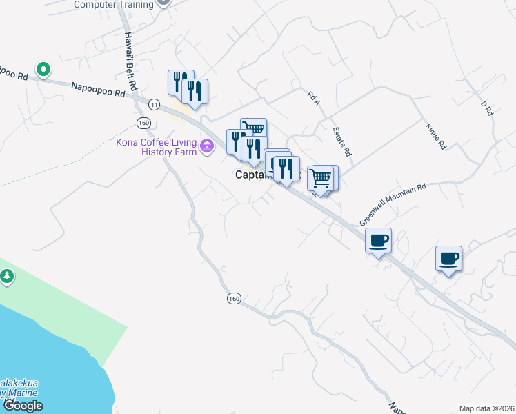 map of restaurants, bars, coffee shops, grocery stores, and more near 82-6118 Kiritina Place in Captain Cook