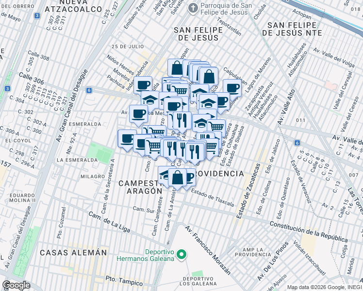 map of restaurants, bars, coffee shops, grocery stores, and more near 216 Camino de La Amistad in Ciudad de México