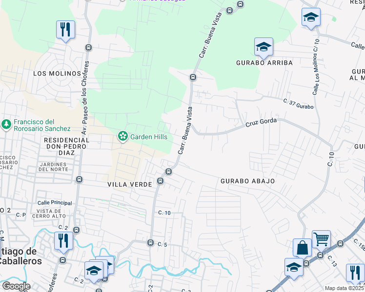 map of restaurants, bars, coffee shops, grocery stores, and more near Calle Buena Vista in Santiago De Los Caballeros