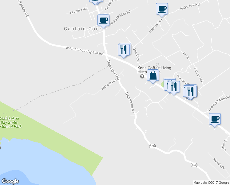 map of restaurants, bars, coffee shops, grocery stores, and more near 82-6181 Napoopoo Road in Captain Cook