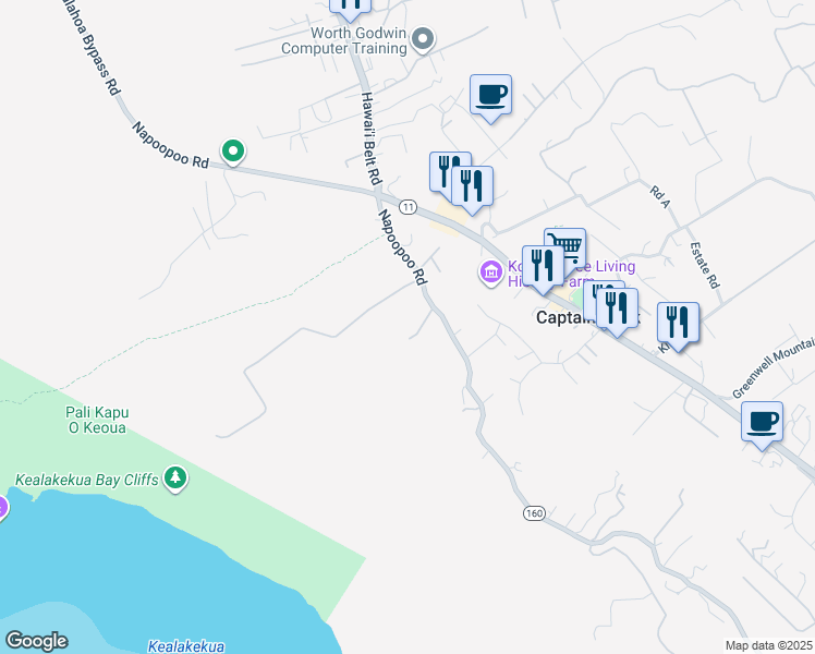 map of restaurants, bars, coffee shops, grocery stores, and more near 82-6181 Napoopoo Road in Captain Cook
