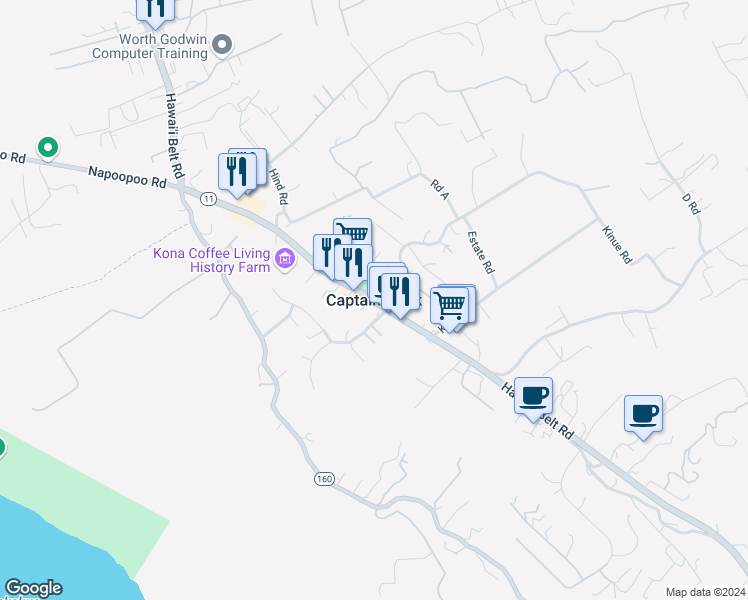 map of restaurants, bars, coffee shops, grocery stores, and more near in Captain Cook