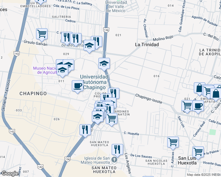 map of restaurants, bars, coffee shops, grocery stores, and more near 5 Carretera Federal México-Texcoco in Texcoco
