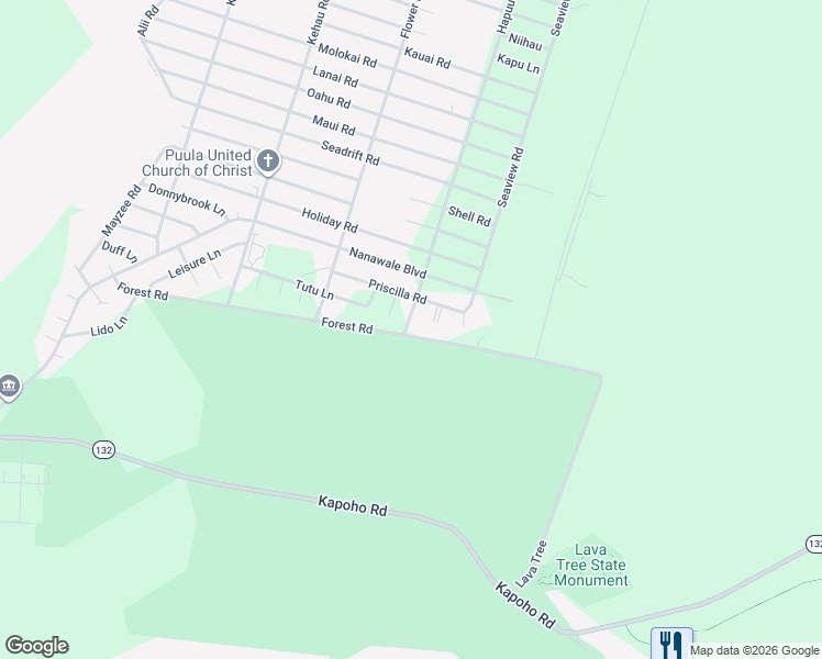 map of restaurants, bars, coffee shops, grocery stores, and more near 14-881 Hapuu Road in Pāhoa