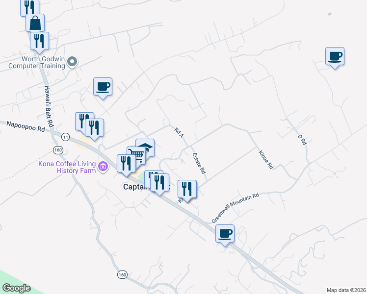 map of restaurants, bars, coffee shops, grocery stores, and more near 82-1077 Kinue Road in Captain Cook