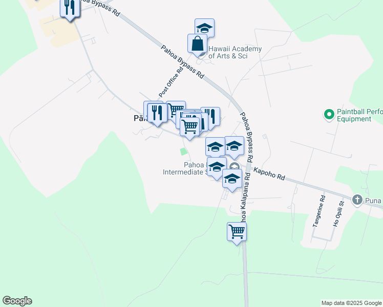 map of restaurants, bars, coffee shops, grocery stores, and more near 15-3047 Kauhale Street in Pāhoa