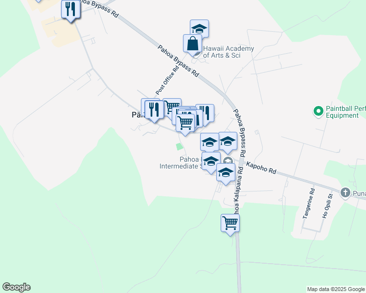 map of restaurants, bars, coffee shops, grocery stores, and more near 153047 Kauhale Street in Pāhoa