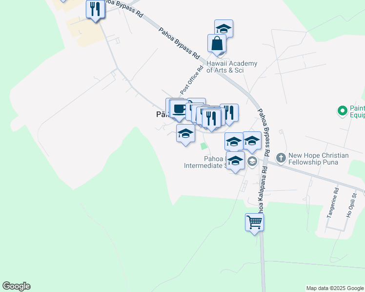 map of restaurants, bars, coffee shops, grocery stores, and more near 15 Kuuhome Street in Pāhoa