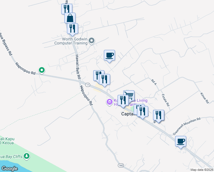 map of restaurants, bars, coffee shops, grocery stores, and more near in Captain Cook