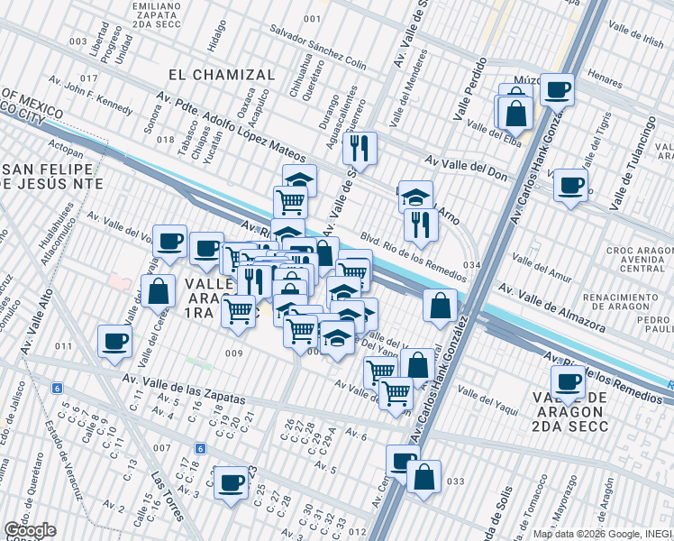 map of restaurants, bars, coffee shops, grocery stores, and more near 17 Valle Juárez in Nezahualcóyotl