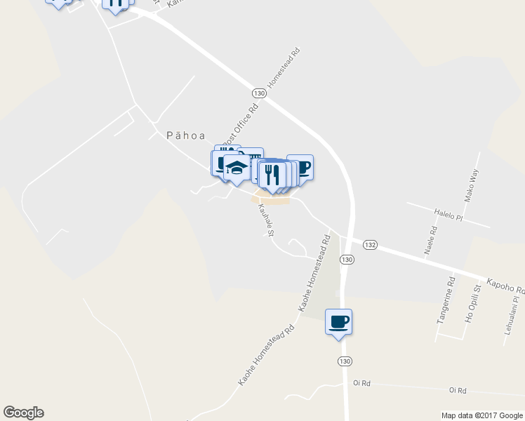 map of restaurants, bars, coffee shops, grocery stores, and more near Kuuhome Street in Pāhoa