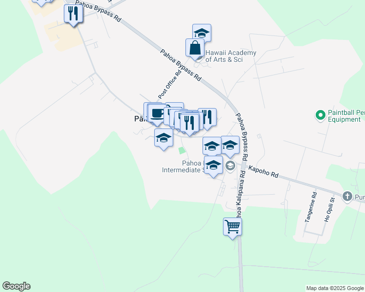 map of restaurants, bars, coffee shops, grocery stores, and more near 15 Kuuhome Street in Pāhoa